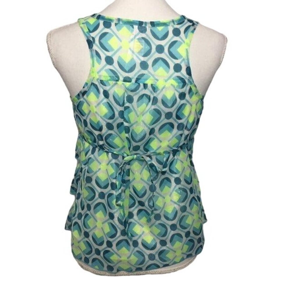 Justice Girls 16 Sleeveless Tiered Blouse Blue Lime Shimmer Ruffle Top Used - Picture 4 of 16